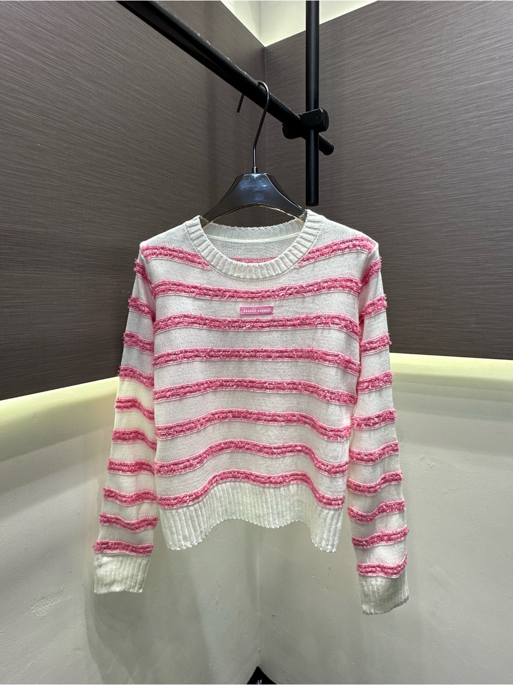 Miu Miu Cream Crewneck Sweater with Pink Stripes